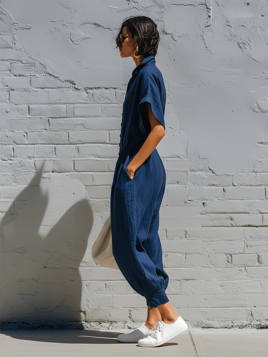 Stylish Simple Loose-fitting Short-sleeved Collared Front-button Cotton Blue Jumpsuit