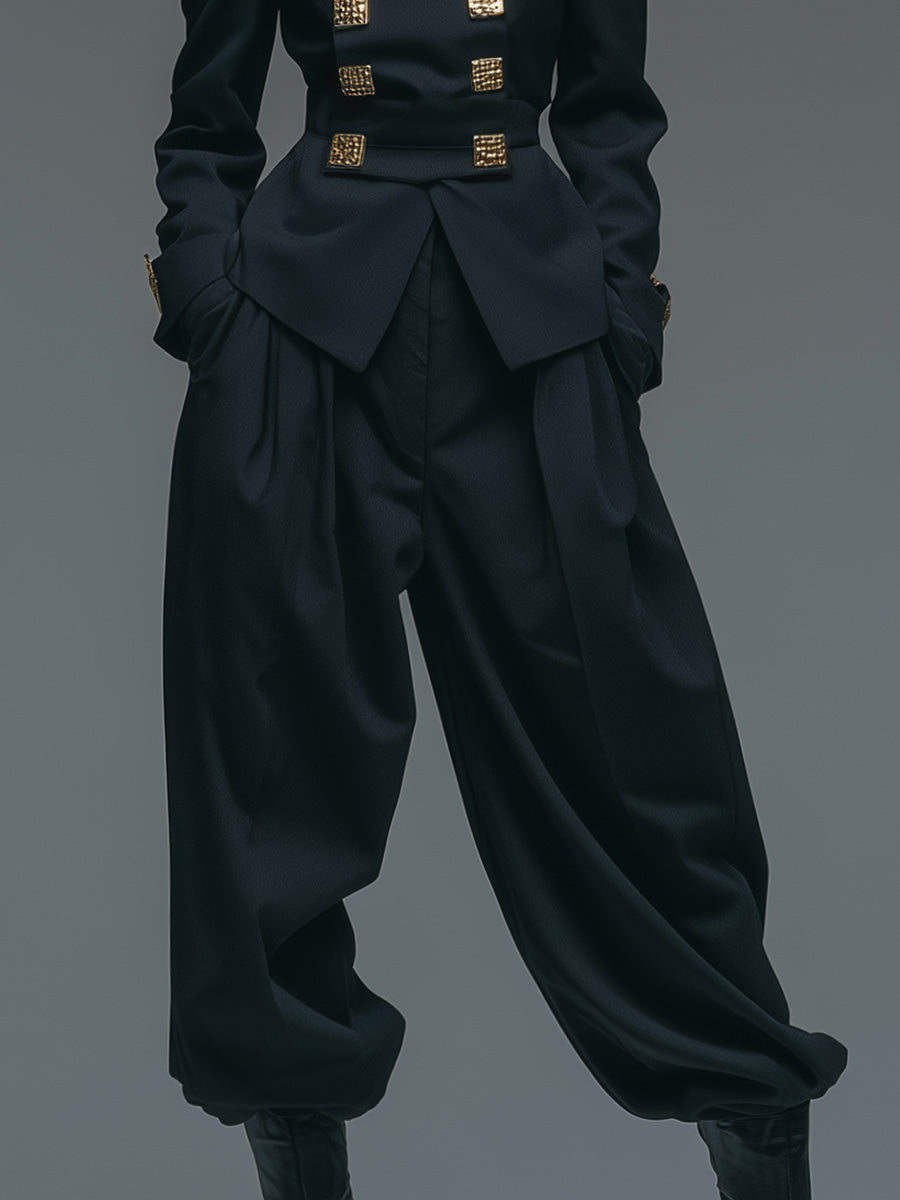 Retro Stand-up Collar Double-breasted Metal Decoration, Black X-shaped Blazer And Wide Pants Suit