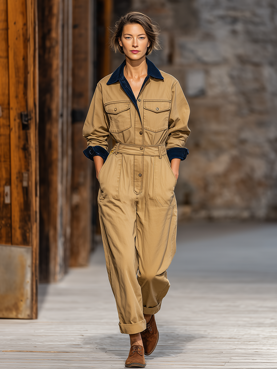 Vintage Street Style Multi-pocket Workwear Jumpsuit