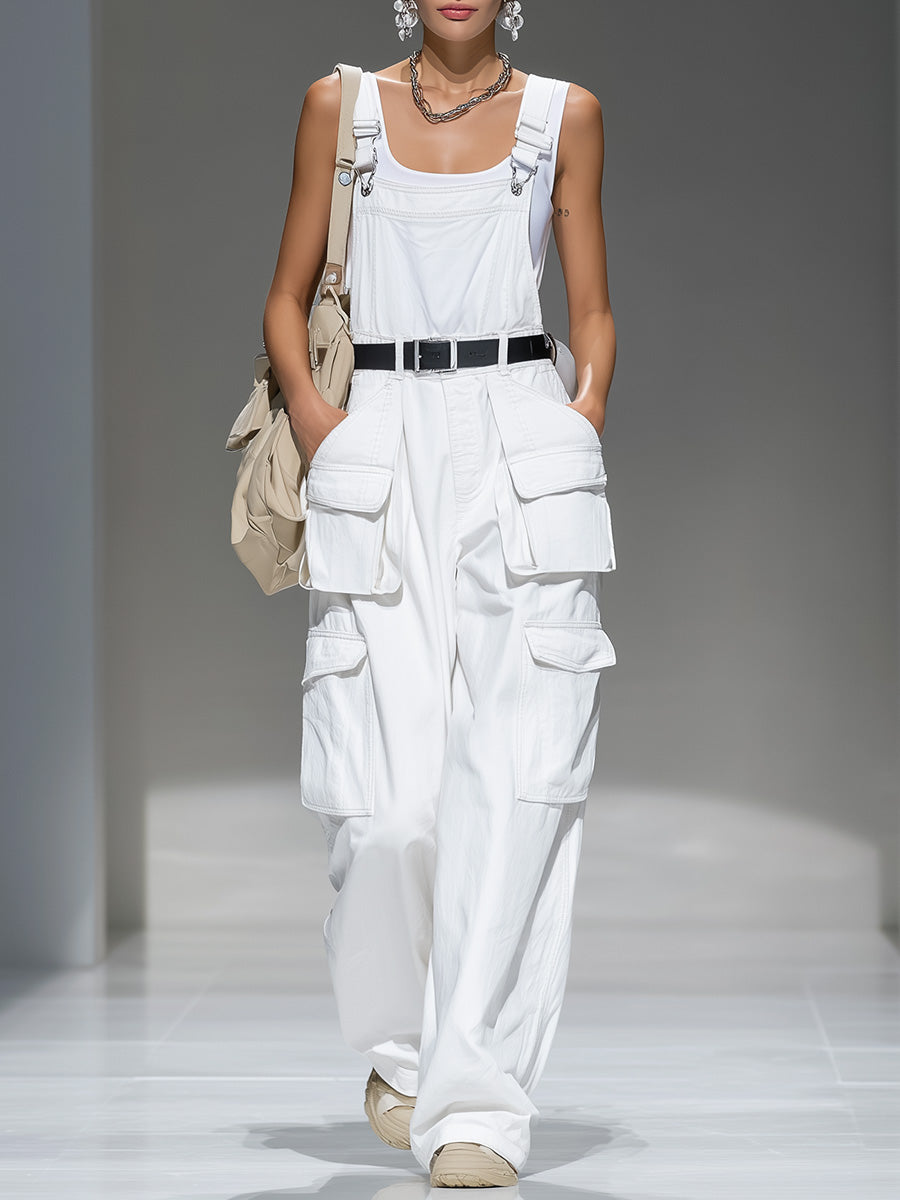 Fashionable And Casual White Denim Adjustable Overall