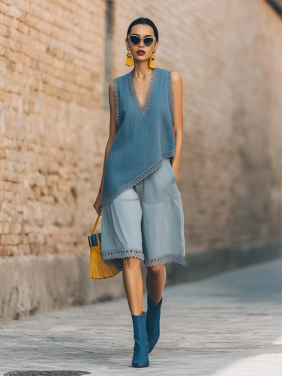 Casual Urban Style Lace-trimmed V-neck Asymmetrical Blue Denim Top And Shorts Set