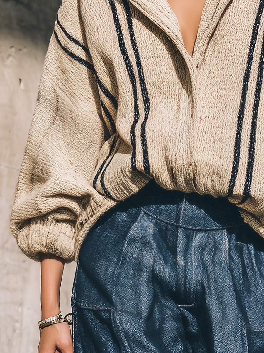 Vintage Street Style Loose Striped Hooded Knit Cardigan