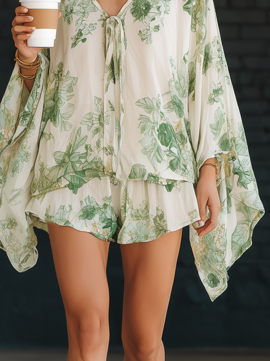 Resort Style White Chiffon Printed Top And Wide Leg Shorts Set