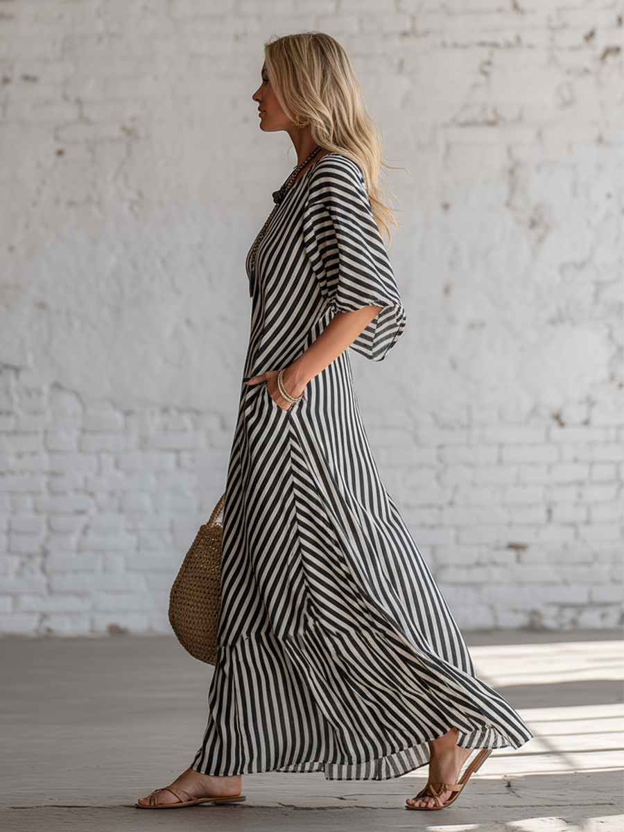 Urban Black Chiffon Striped Print Off Shoulder Maxi Dress