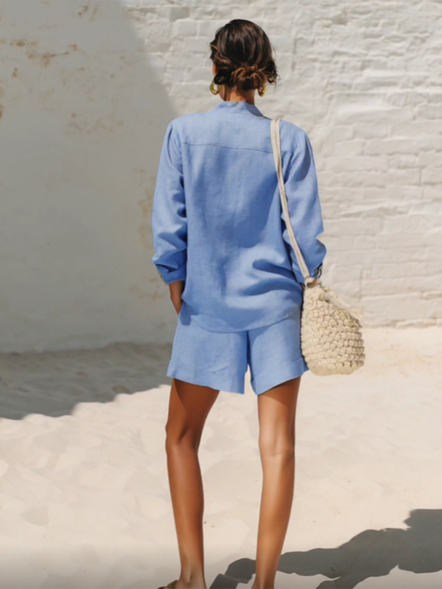 Casual Blue Cotton And Linen V-neck Top And Wide Leg Shorts Set