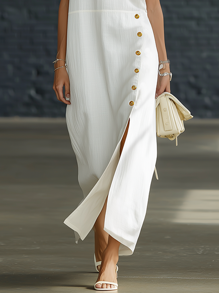Stylish Simple Loose-fitting Sleeveless Turtleneck Side Slits Gold Buttons White Cotton Maxi Dress