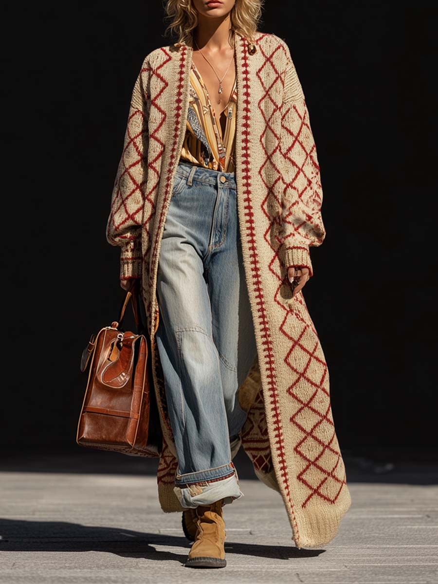 Vintage Classic Diamond Pattern Beige Cardigan Sweater