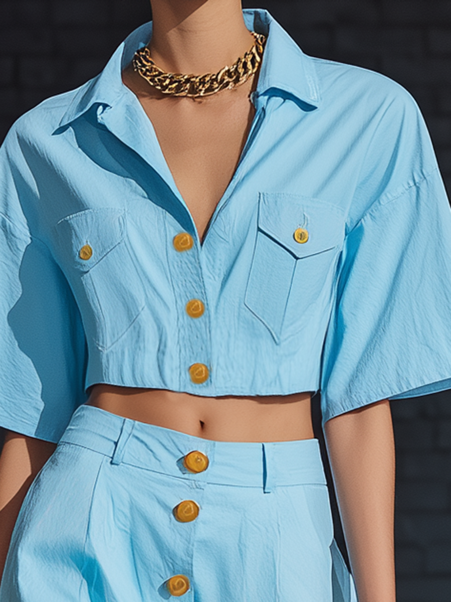 Stylish Simple Short-sleeved Collared Cropped Top And Front-buttoned Skirt Blue Cotton Set