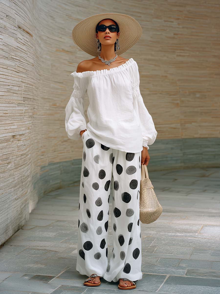 Elegant And Casual White Cotton-linen Off-shoulder Top And Polka Dot Pants Set