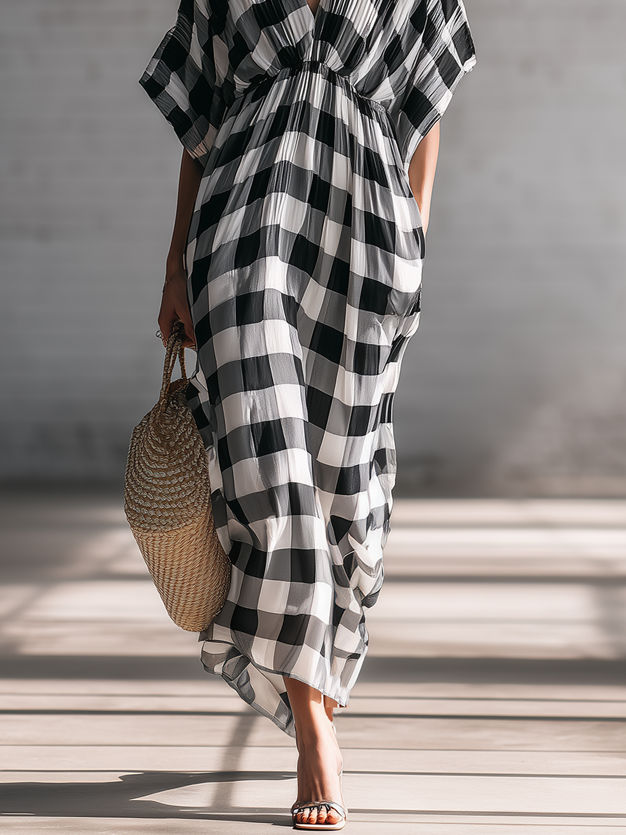 Casual Black And White Chiffon Plaid V-neck Short Sleeved Midi Dress