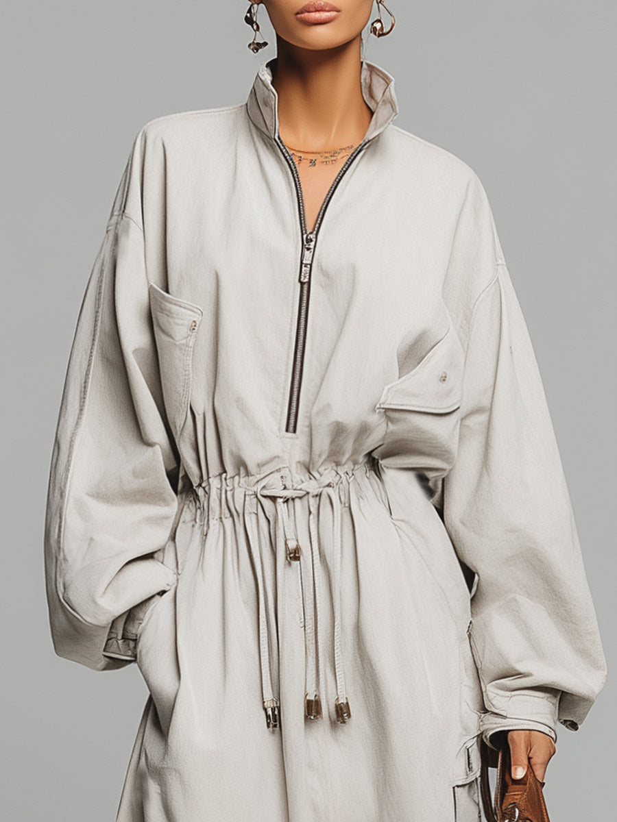 Exquisite Casual Stand-up Collar Front Zipper Waist Drawstring White Cotton Trench Coat Slit Maxi Dress