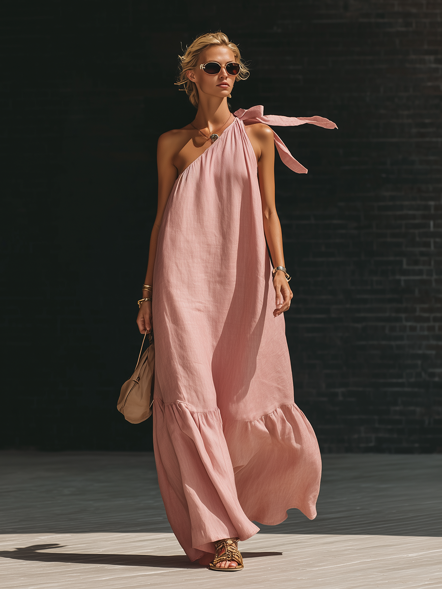 Stylish Simple Loose-fitting Sleeveless One-shoulder Tie-up Ruffled Hem Pink Cotton-linen Maxi Dress