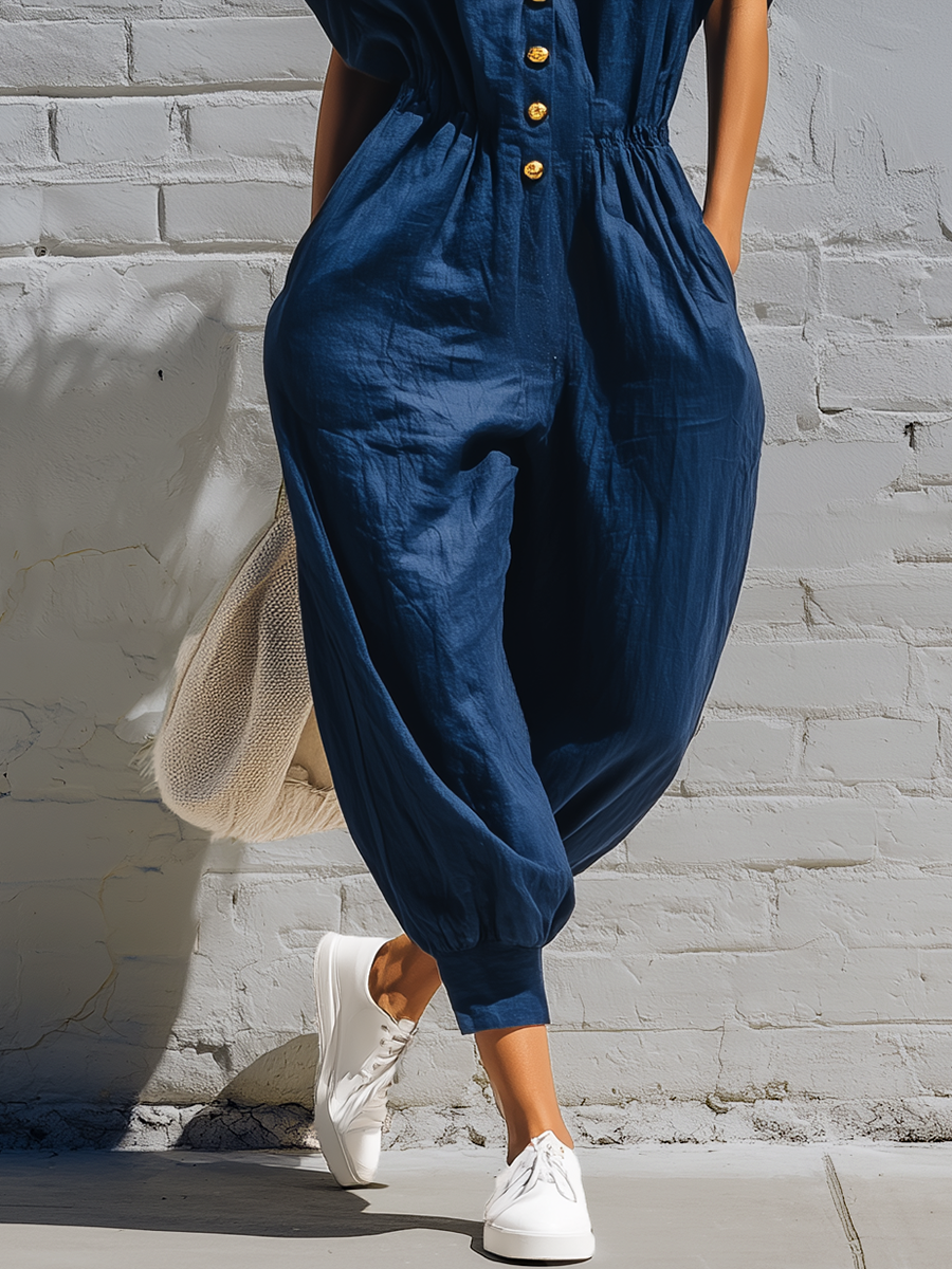 Stylish Simple Loose-fitting Short-sleeved Collared Front-button Cotton Blue Jumpsuit