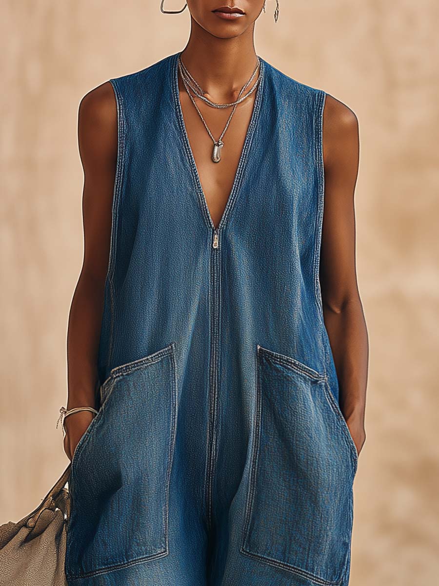 Retro Casual Urban V-neck Blue Denim Jumpsuit