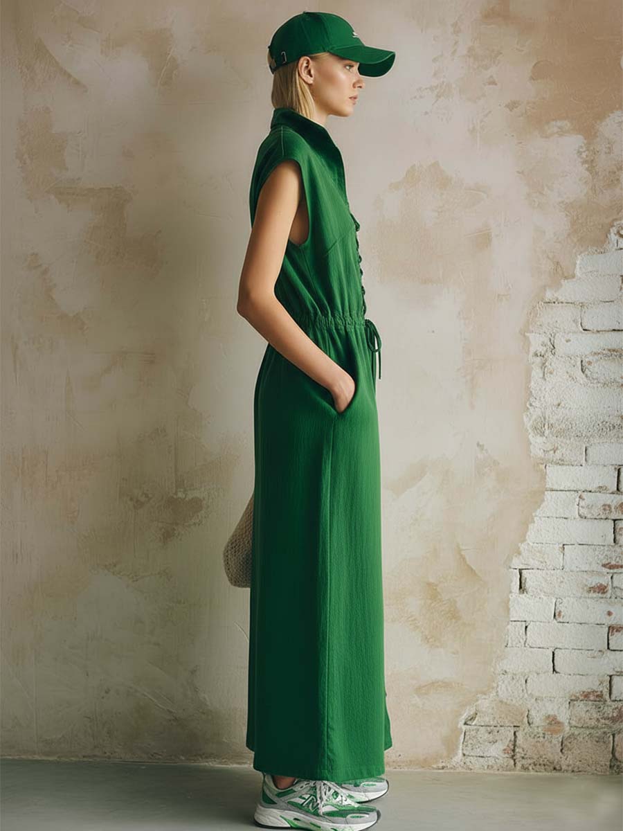 Retro Casual Urban Style Lapel Front-tie Emerald Green Cotton Maxi Dress