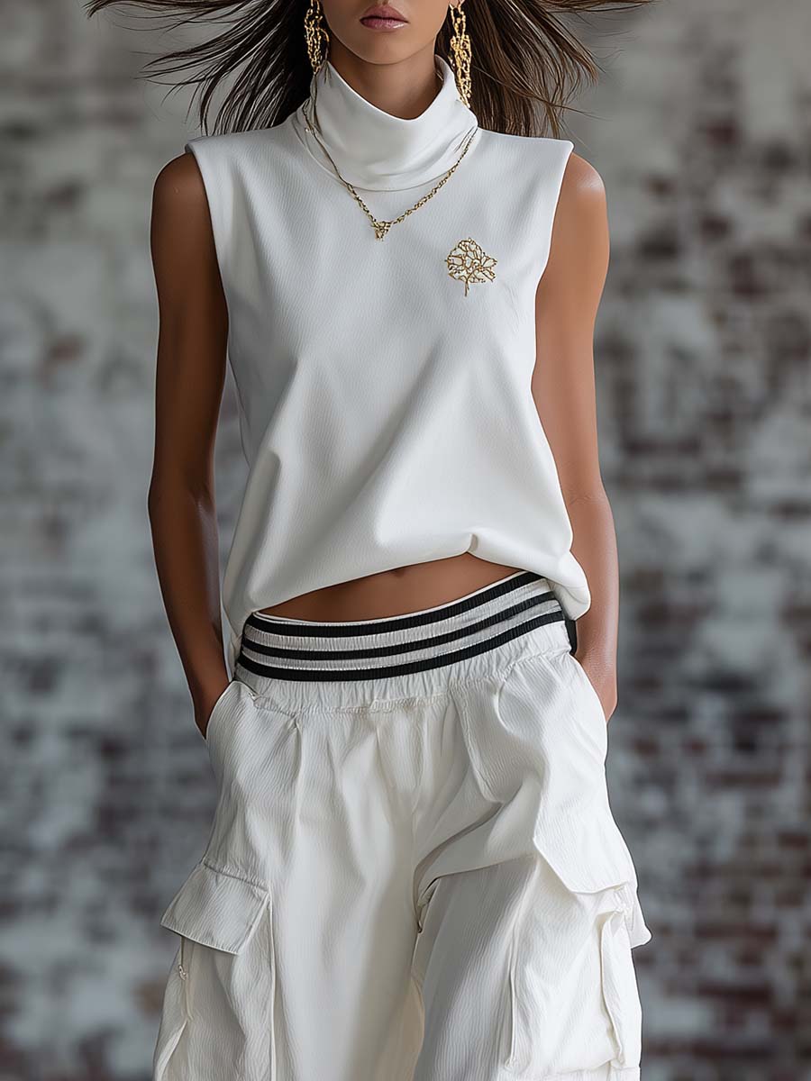 Exquisite Fashion Athletic Workwear Style White Cotton Sleeveless Top With A Mock Neck And Pants Set