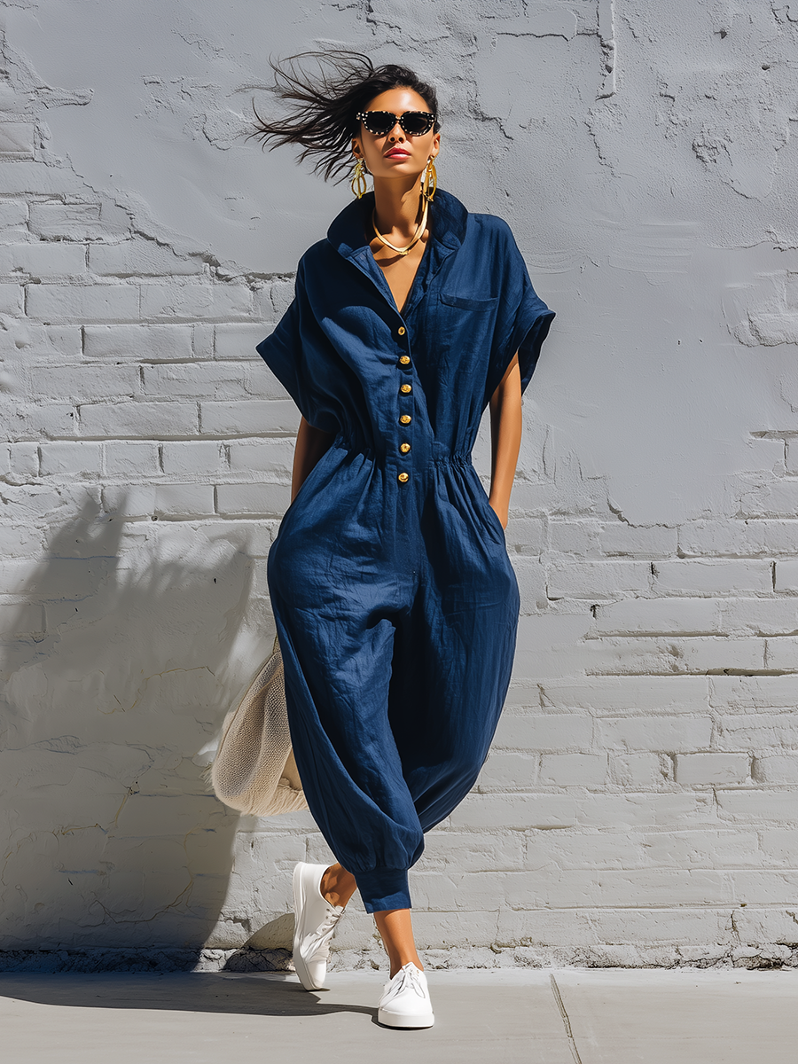 Stylish Simple Loose-fitting Short-sleeved Collared Front-button Cotton Blue Jumpsuit