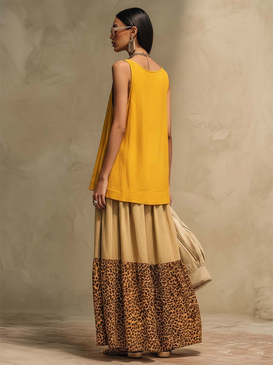 Retro Urban Yellow Cotton Vest And Leopard Print Chiffon Pants Set