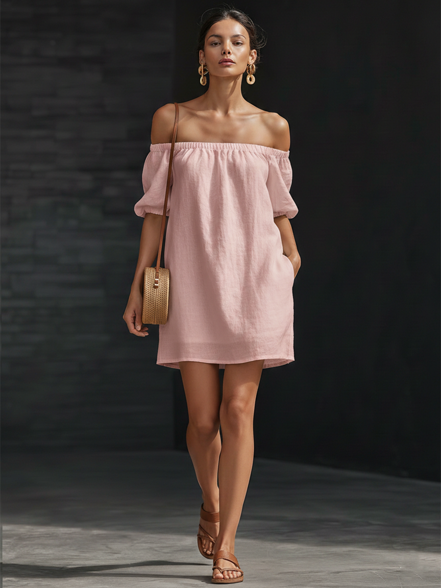 Casual Urban Pink Cotton Linen Off Shoulder Mini Dress