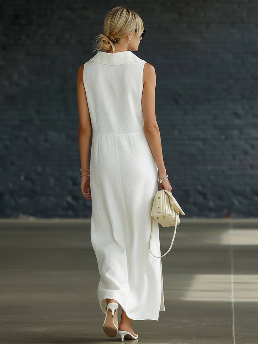 Stylish Simple Loose-fitting Sleeveless Turtleneck Side Slits Gold Buttons White Cotton Maxi Dress
