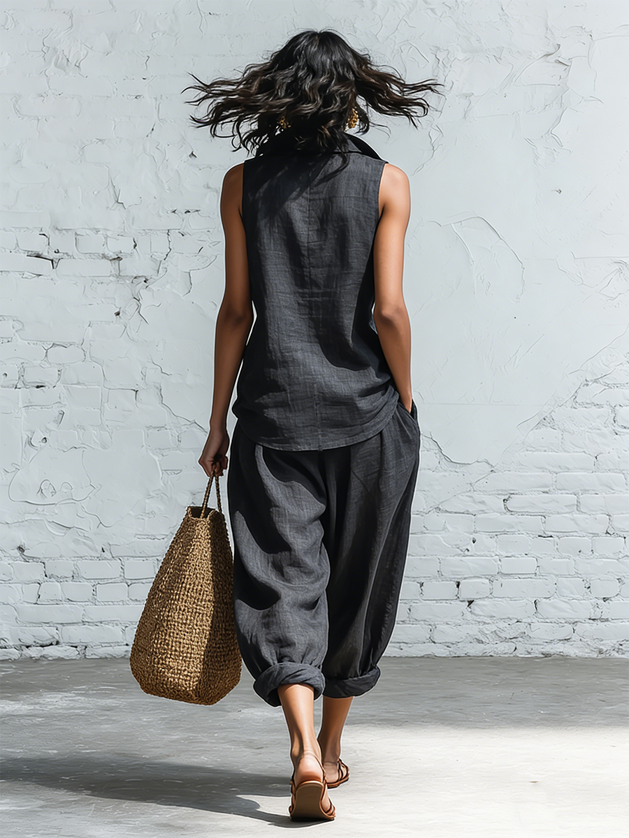 Casual Grey Linen Wrap Front Sleeveless Top And Wide Leg Pants Set
