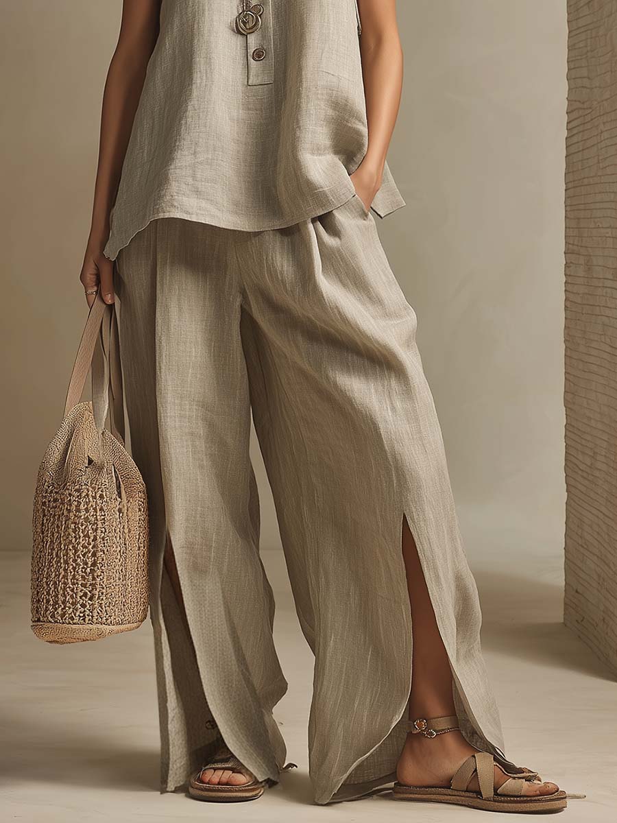 Retro Casual Beige Cotton Linen Round Neck Button-down Top And Slit Pants Set