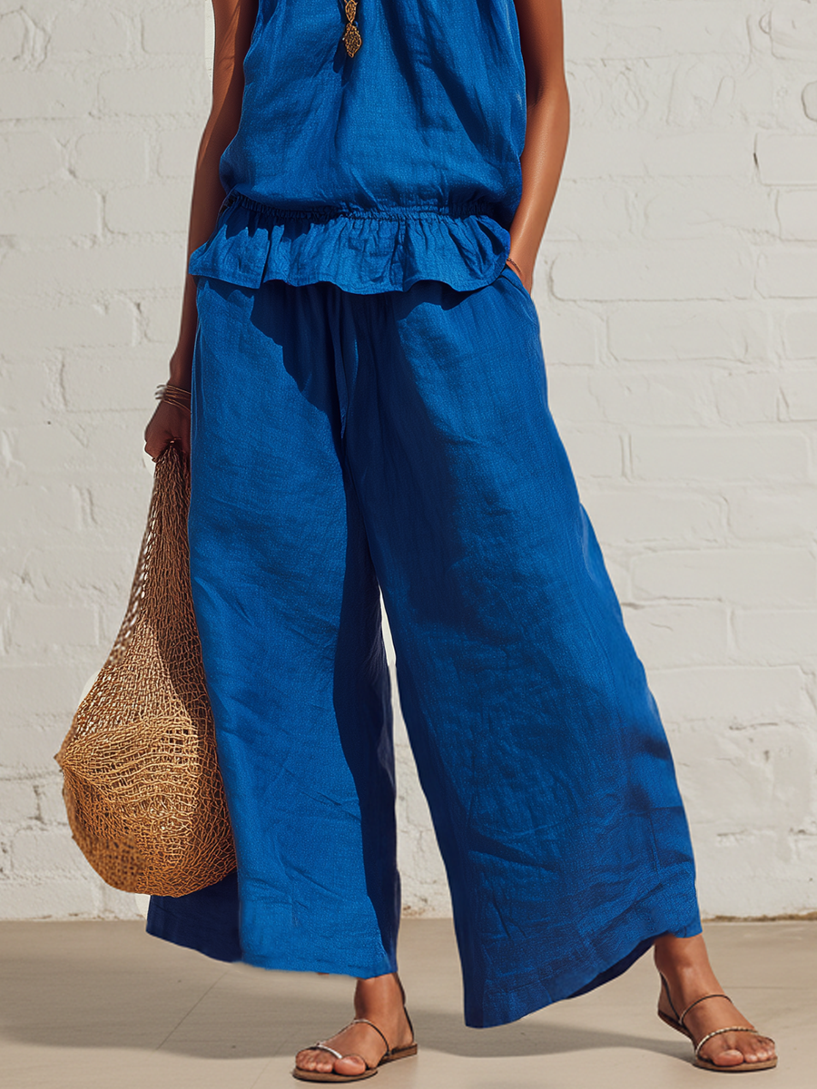 Urban Blue Cotton Linen Sleeveless Ruffled Top And Wide Leg Pants Set