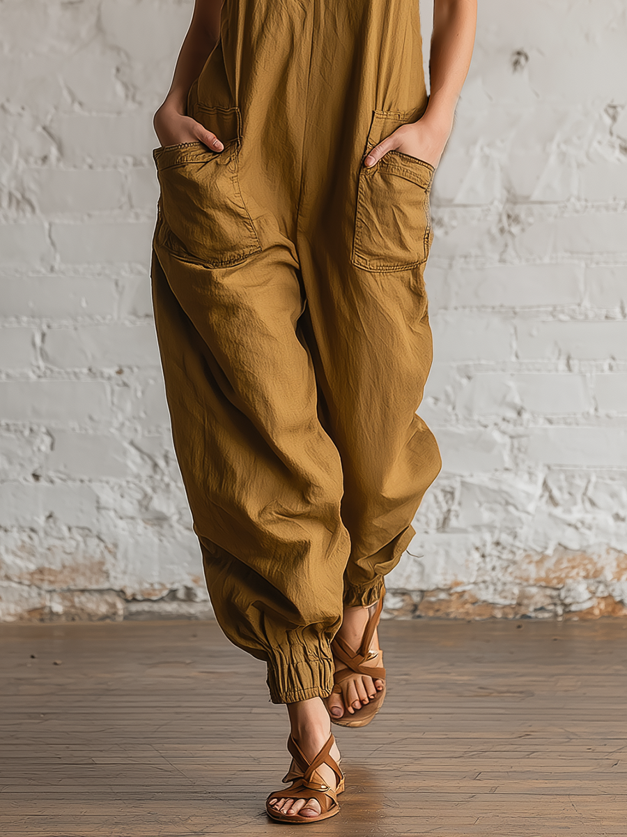 Retro-style Loose-fitting Sleeveless V-neck Pockets Straps Cotton Jumpsuit