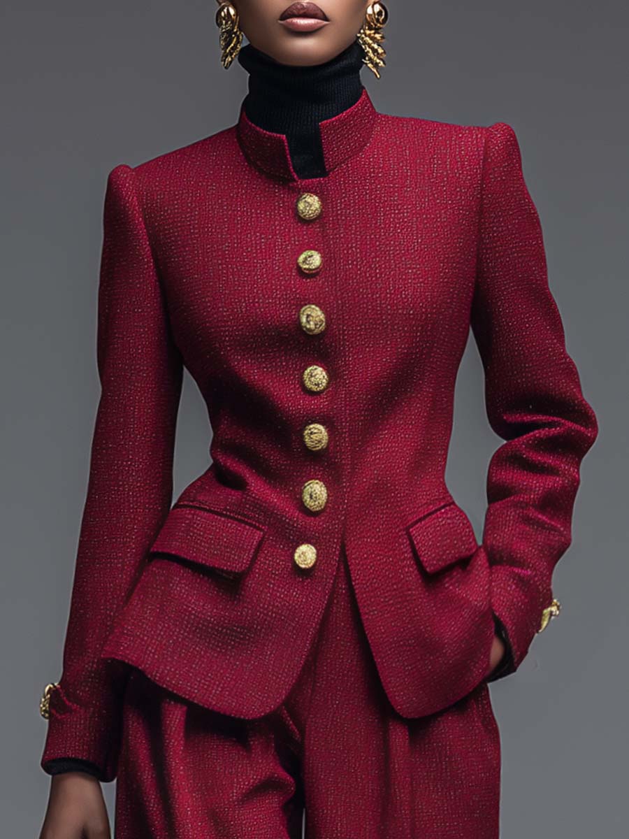 Retro Fashion Crimson Stand Collar Metal Front Button Jacket And Wide Pants Set
