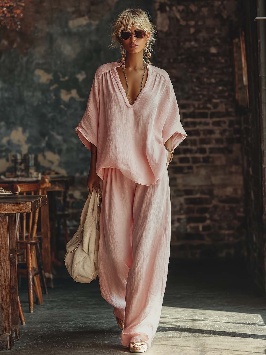 Casual Urban Bohemian Style V-neck Pink Cotton Blouse And Pants Set