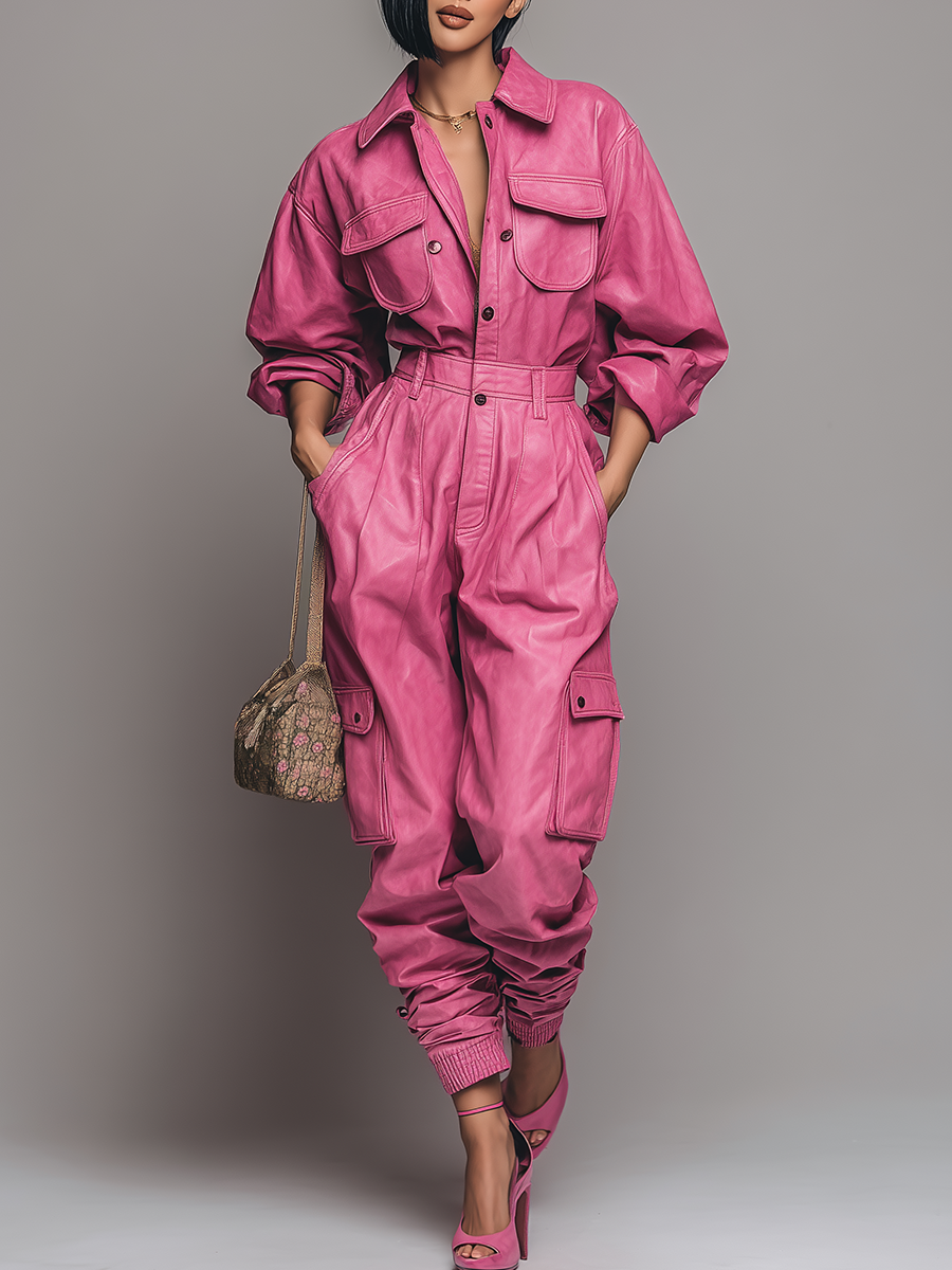 Vintage Street Style Leather Cargo Jumpsuit