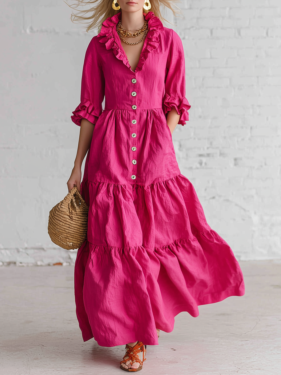 Retro Pink Cotton Linen Ruffled Button Maxi Dress