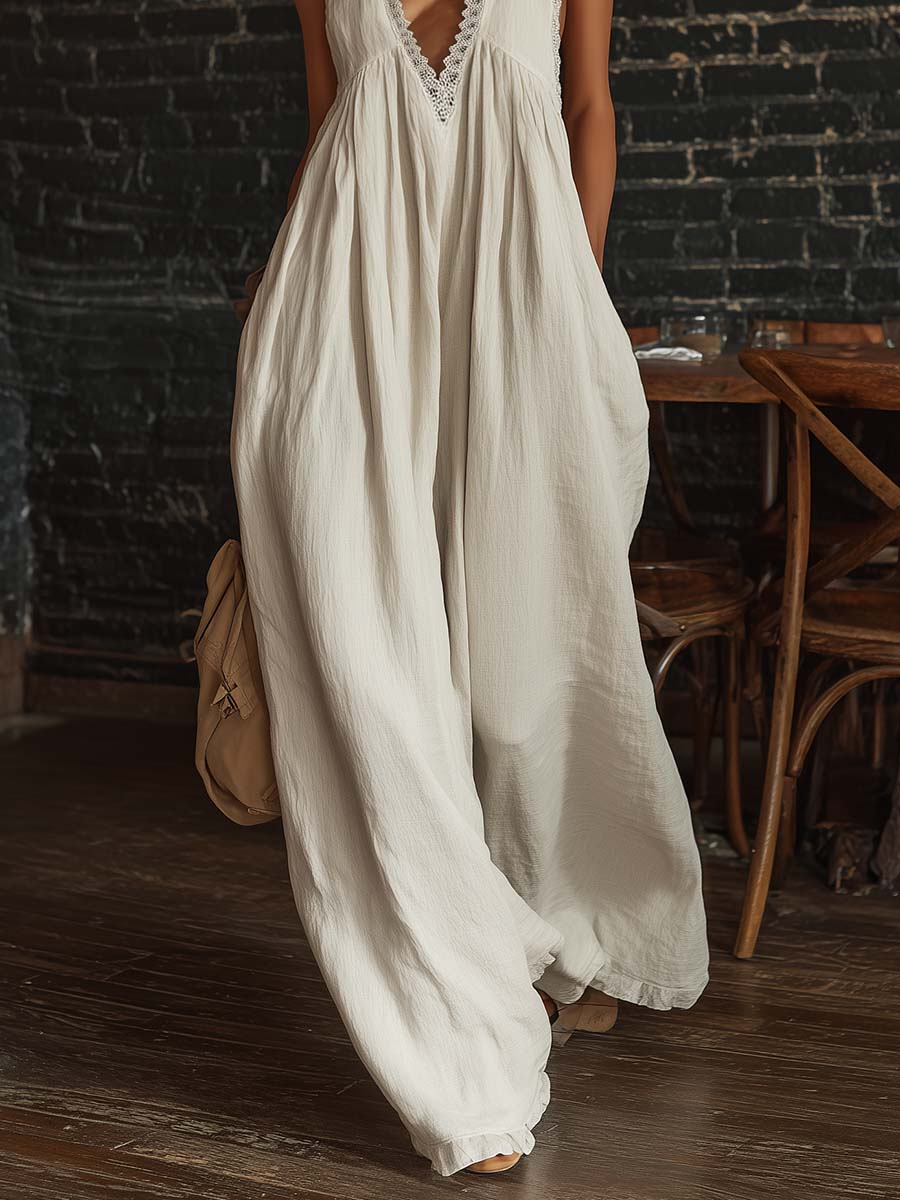 Retro Urban Bohemian V-neck Lace Trim Sleeveless Off-white Cotton Jumpsuit