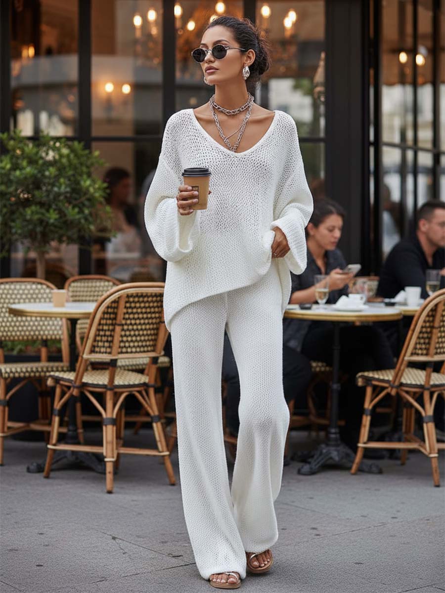 Lazy And Breathable Urban White Openwork Knit Top And Pants Set