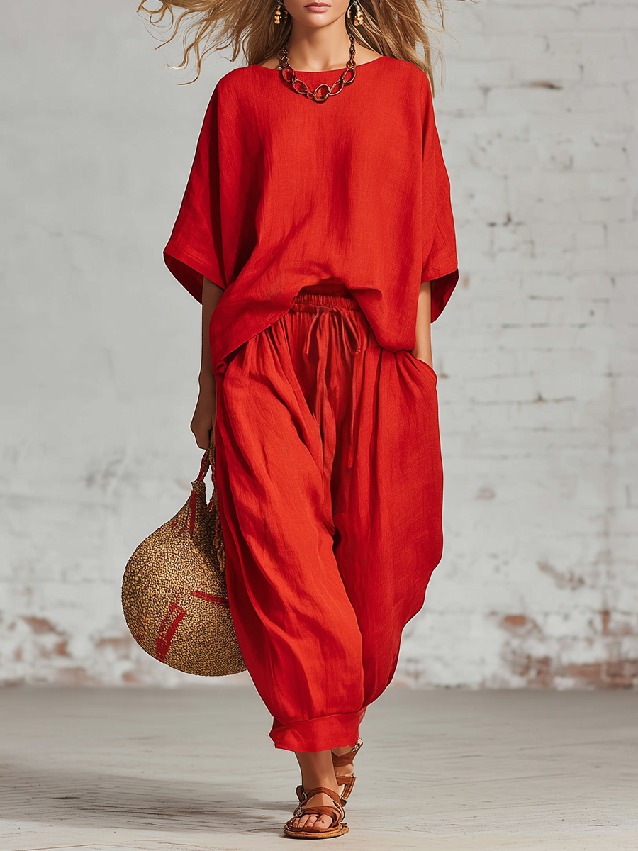 Casual Red Cotton And Linen Batwing Sleeve Top And Wide Leg Pants Set