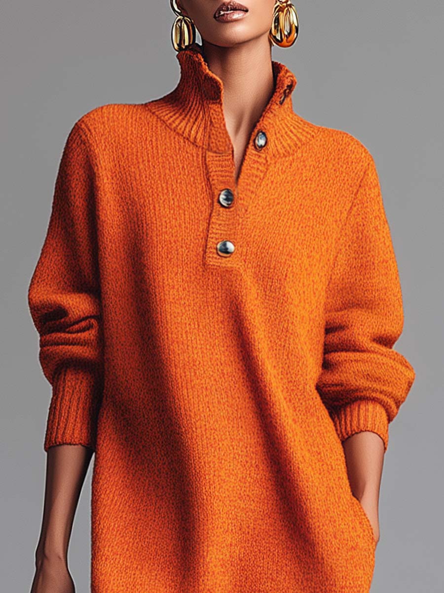 Comfortable And Fashionable Lapel Front Button Orange Knitted Midi Dress