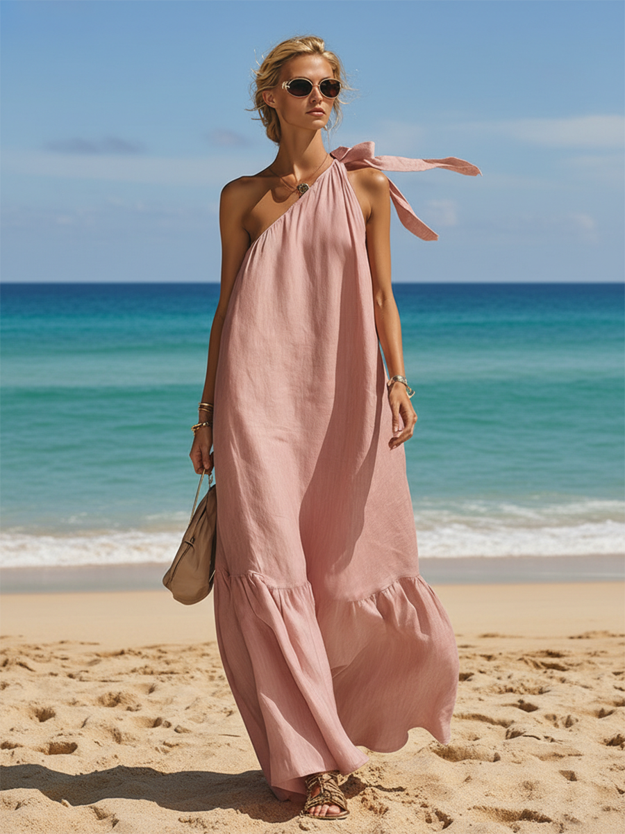 Stylish Simple Loose-fitting Sleeveless One-shoulder Tie-up Ruffled Hem Pink Cotton-linen Maxi Dress