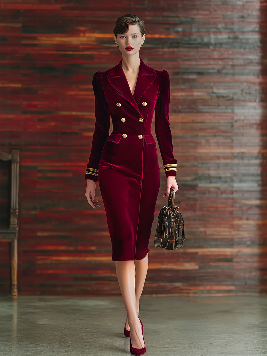 Vintage Sexy Double-Breasted Velvet Midi Dress