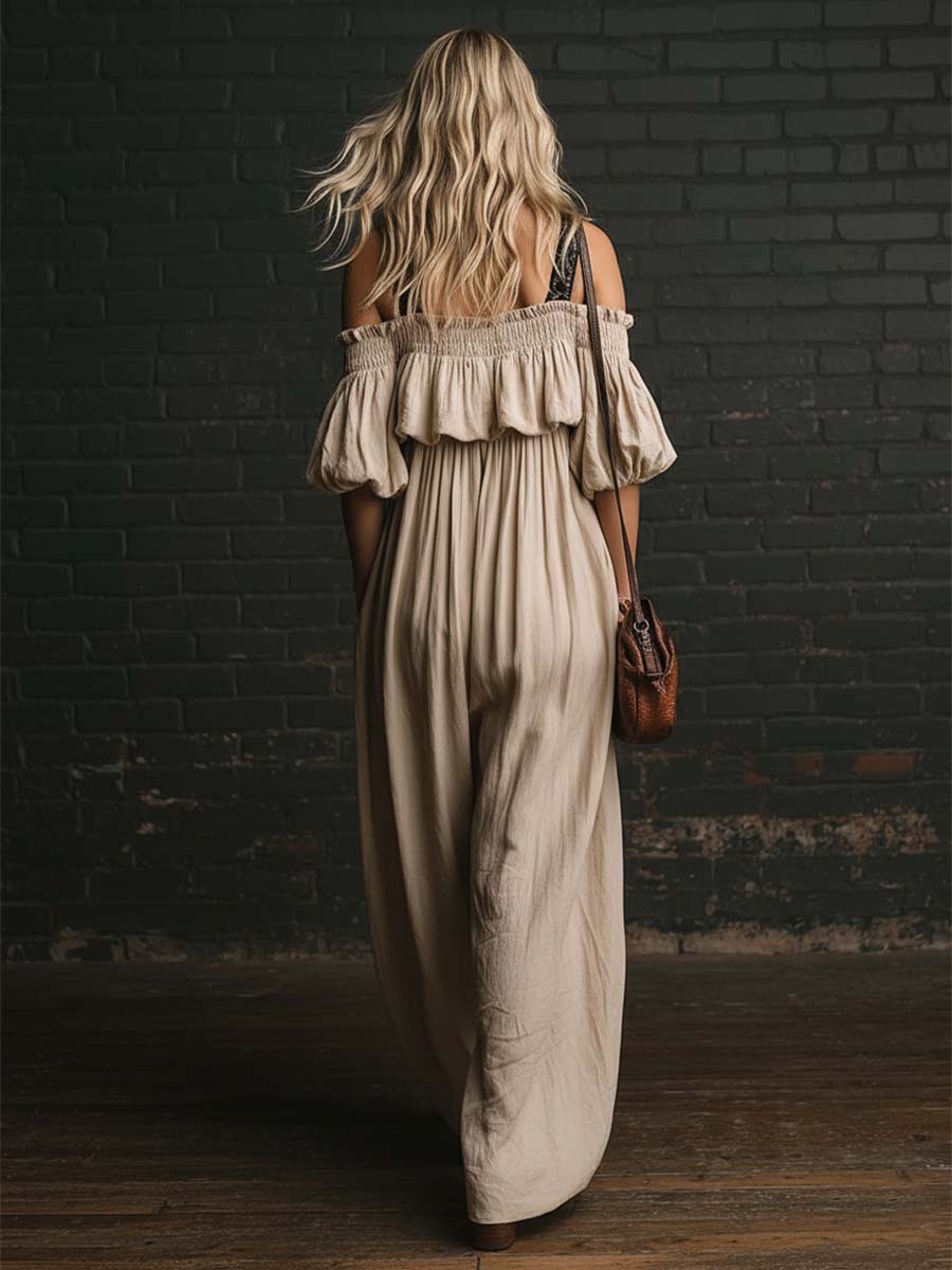Retro Casual Off-shoulder Lace-strap Beige Cotton-linen Jumpsuit