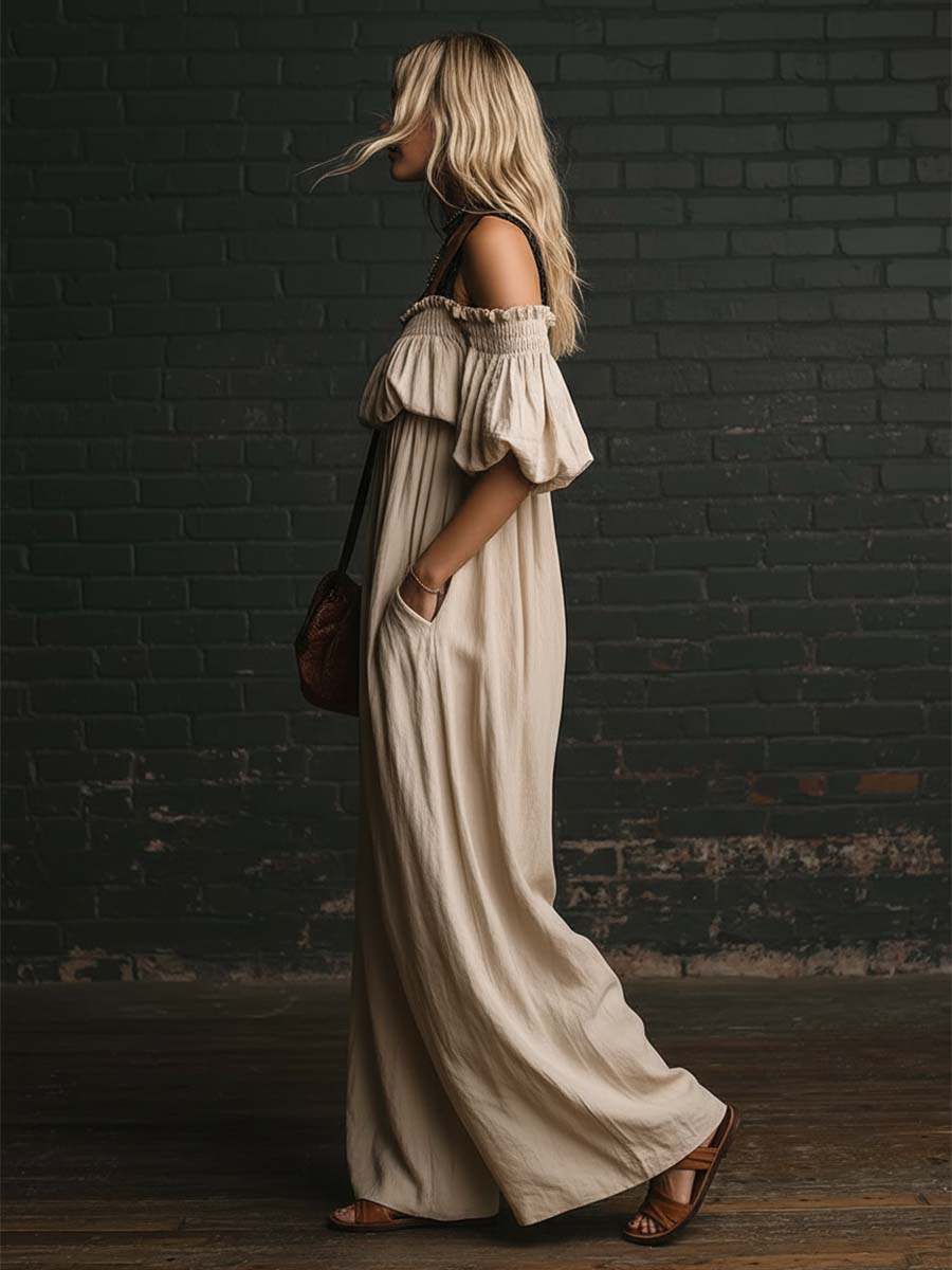 Retro Casual Off-shoulder Lace-strap Beige Cotton-linen Jumpsuit