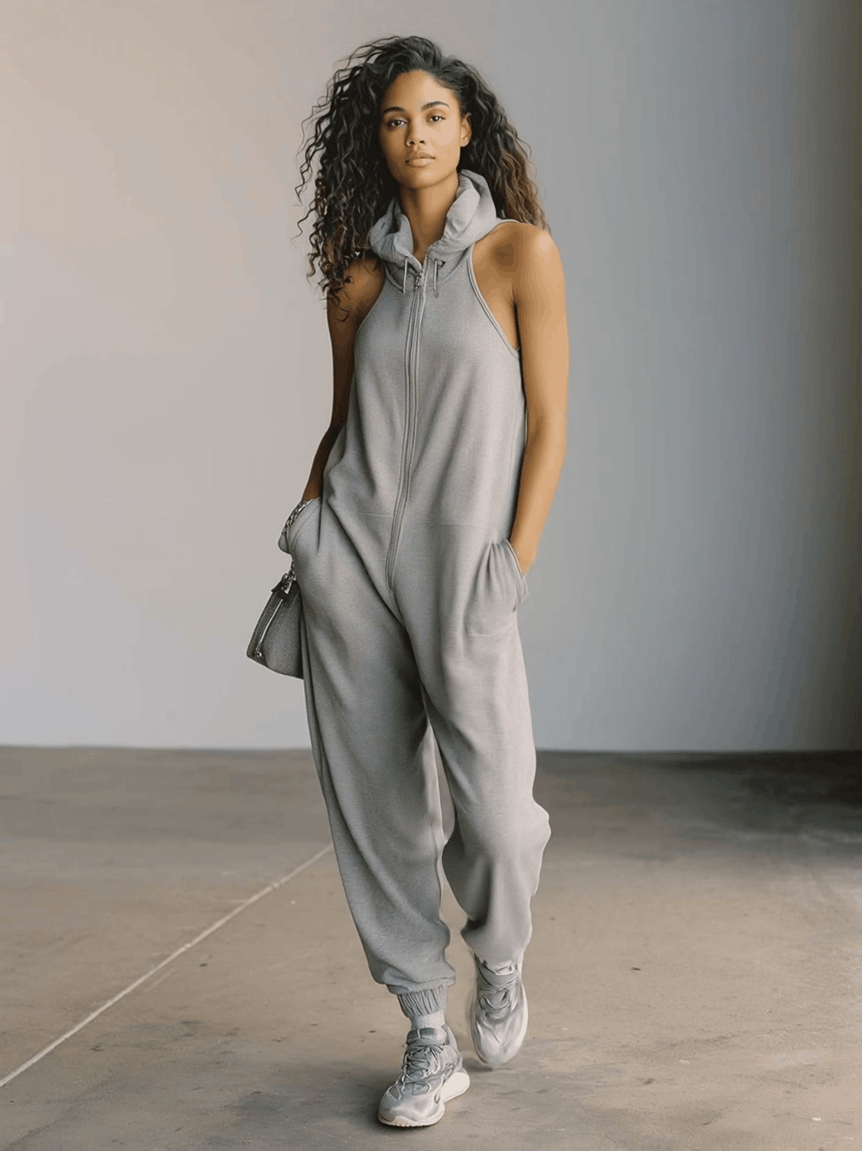 Retro Casual Sporty Hooded Front-zip Sleeveless Gray Cotton Jumpsuit