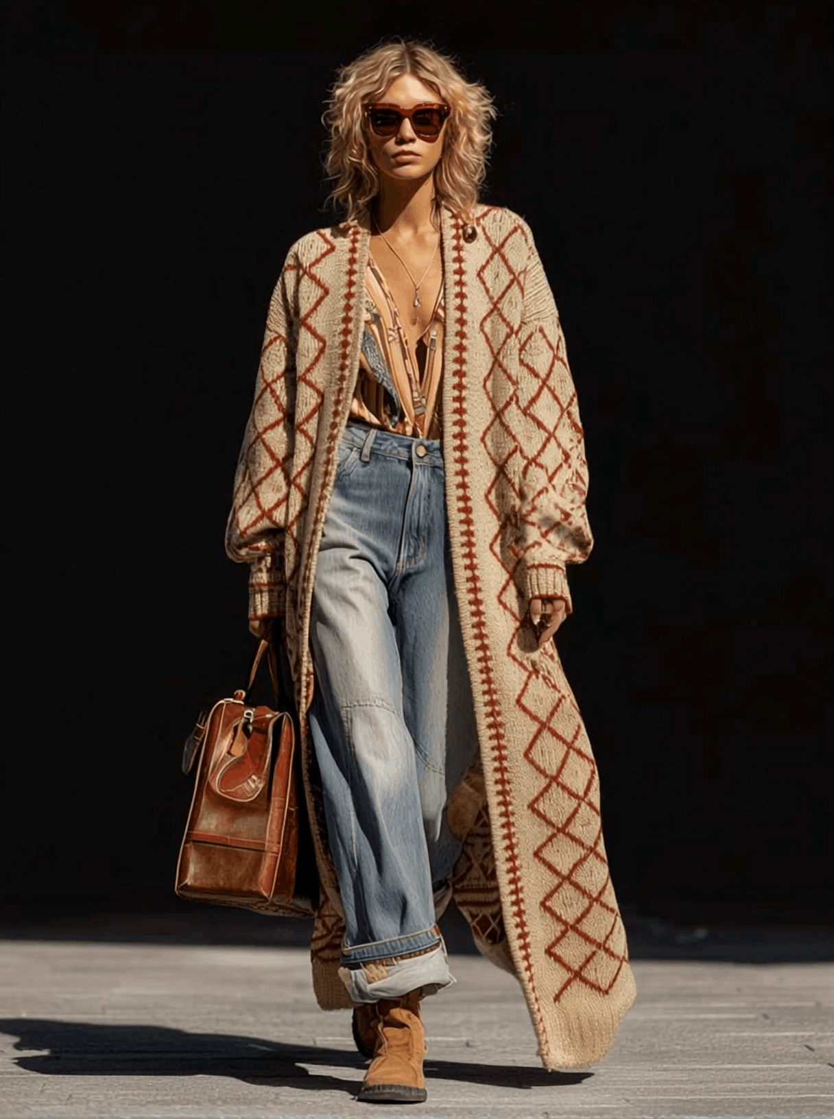 Vintage Classic Diamond Pattern Beige Cardigan Sweater