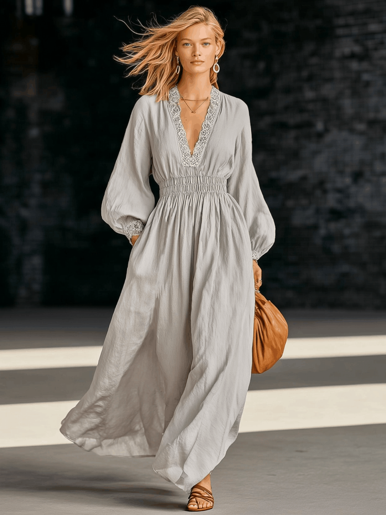 Retro Gray Cotton Linen V-neck Lace Patchwork Maxi Dress