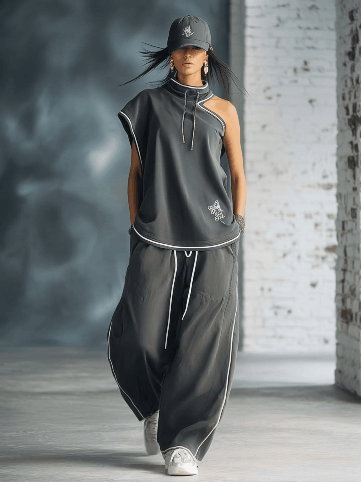 Casual Athletic Workwear Style Stand-up Collar One-shoulder Gray Cotton Top And Pants Set