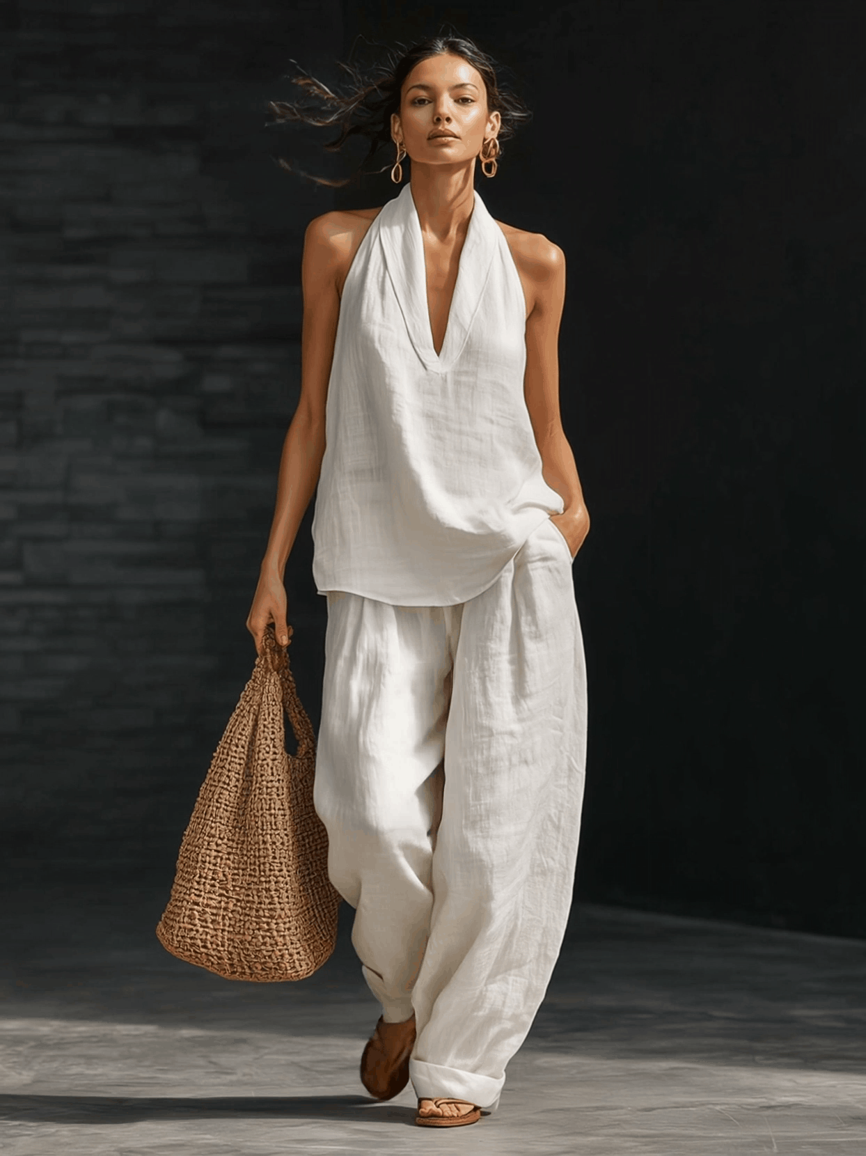 Casual Urban Style White Linen V-neck Sleeveless Top And Wide Leg Pants Set