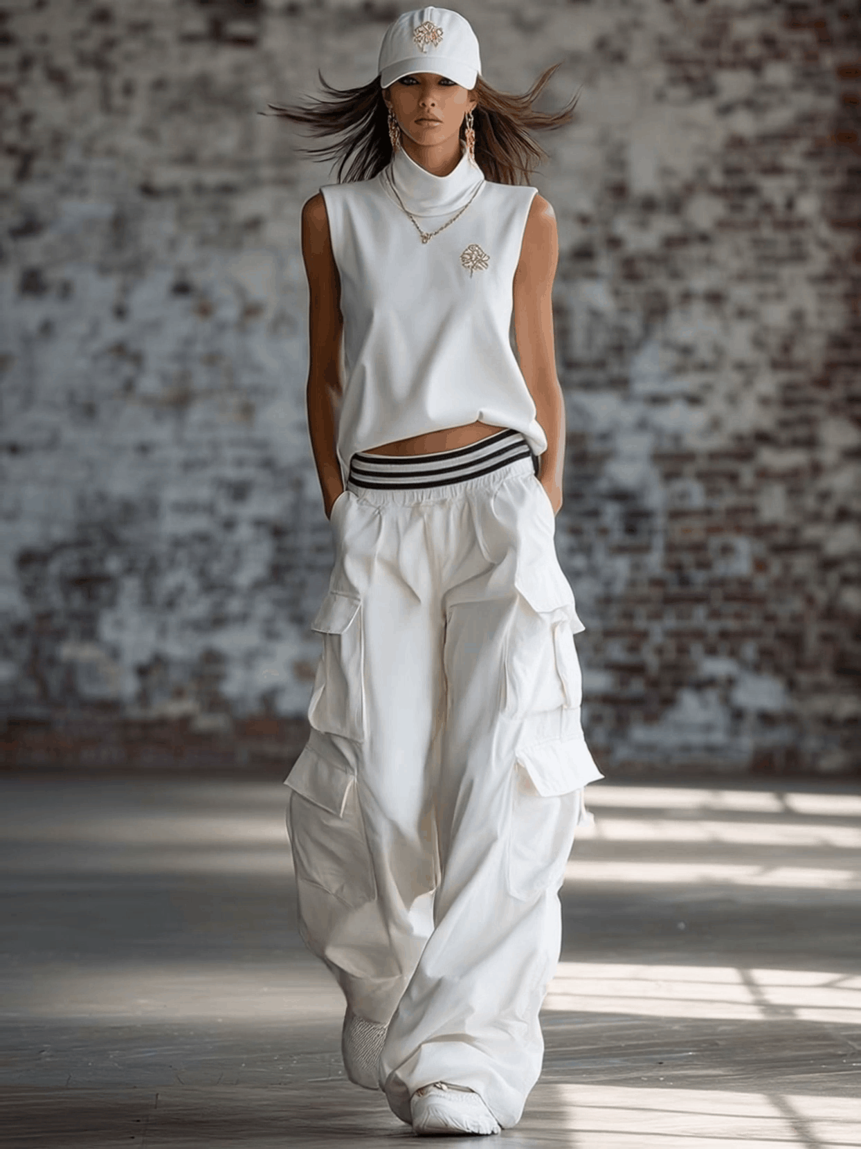 Exquisite Fashion Athletic Workwear Style White Cotton Sleeveless Top With A Mock Neck And Pants Set