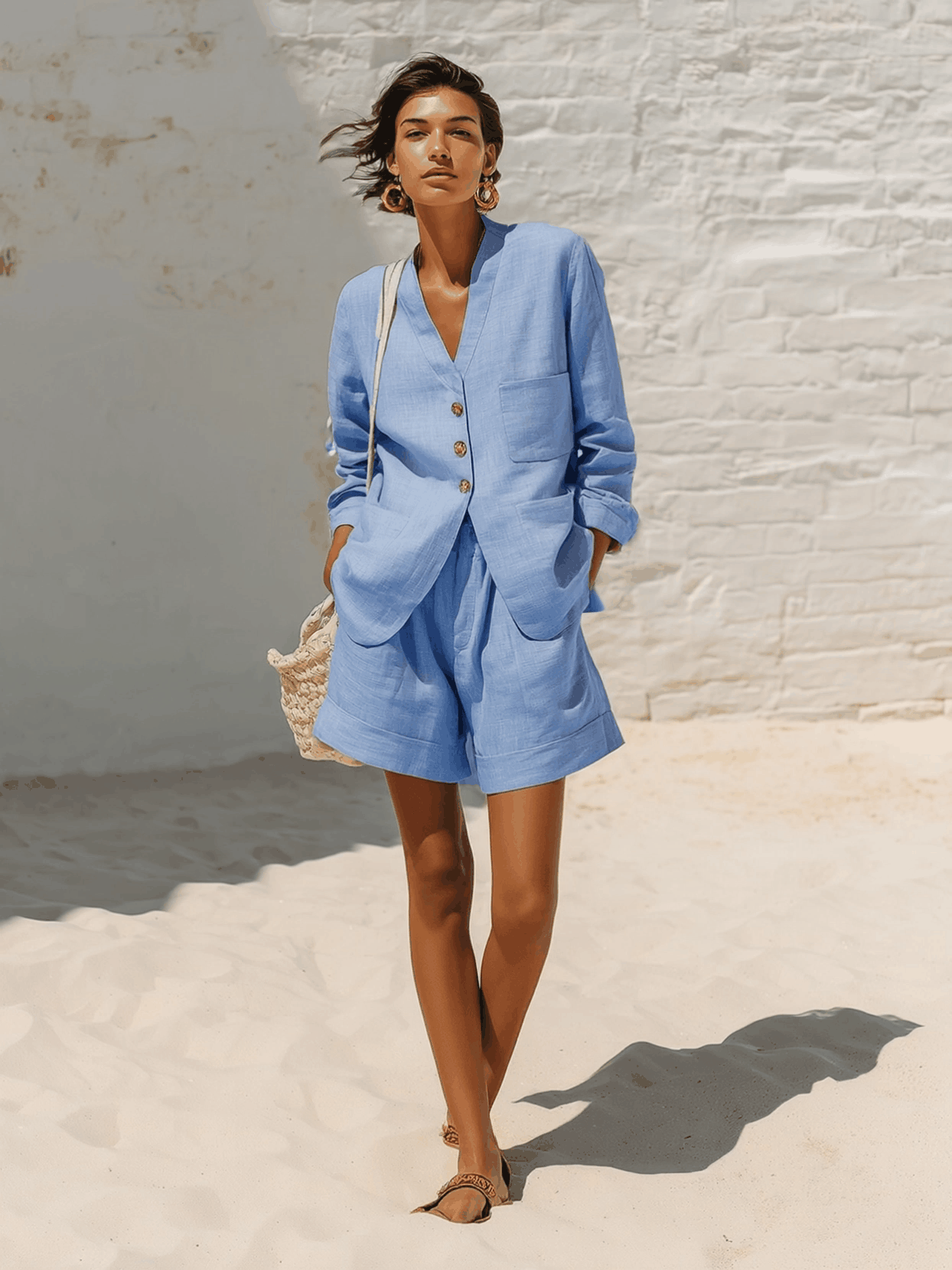 Casual Blue Cotton And Linen V-neck Top And Wide Leg Shorts Set