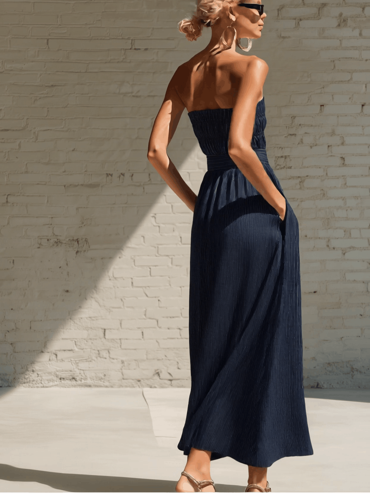 Stylish Simple Sleeveless Off-Shoulder Shirred-Bust Blue And White Stripes Cotton Maxi Dress