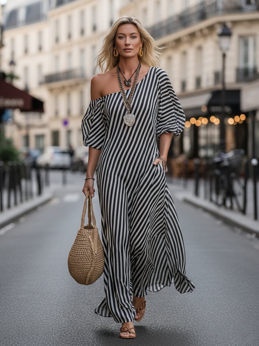 Urban Black Chiffon Striped Print Off Shoulder Maxi Dress