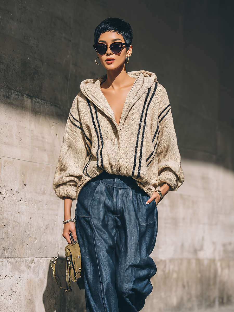 Vintage Street Style Loose Striped Hooded Knit Cardigan